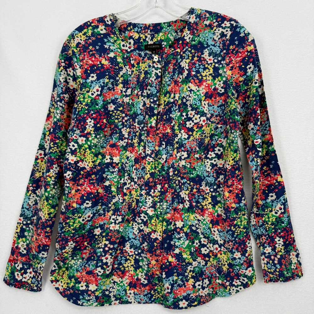 Talbots‎ Floral Pintuck Blouse Womens XS Multicolor Cotton Long Sleeve Pleated